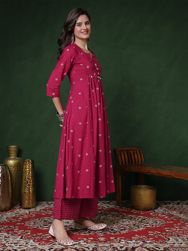 Rayon Calf Length Printed 3/4 Sleeves Round Neck Semi-Flared Kurta Suit Set
