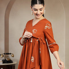 Gulmohar Jaipur Rayon Hip Length Printed 3/4 Sleeves V-Neck Flared Top