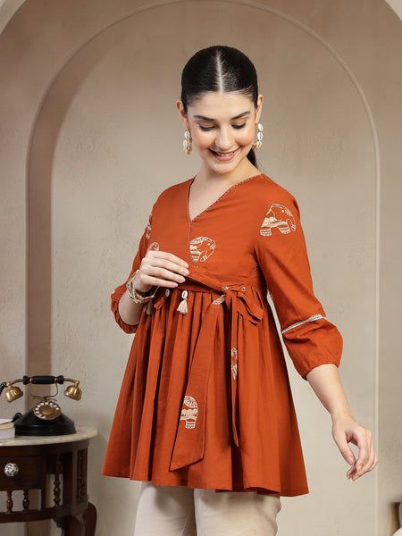 Gulmohar Jaipur Rayon Hip Length Printed 3/4 Sleeves V-Neck Flared Top
