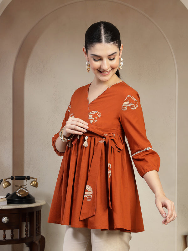 Gulmohar Jaipur Rayon Hip Length Printed 3/4 Sleeves V-Neck Flared Top
