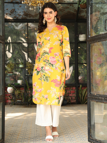 Yellow Cotton Calf Length Printed Straight Round Neck Kurta