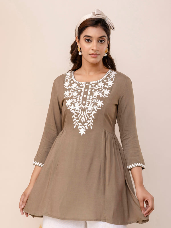Grey Rayon Hip Length Solid Round Neck Solid Embroidered Straight Top
