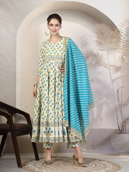 Rama Cotton Calf Length Printed Round Neck Anarkali Kurta Suit Set