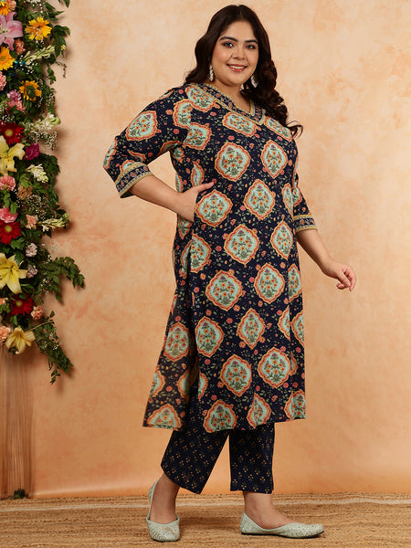 Cotton  Calf Length Printed Straight 3/4 Sleeves V-Neck Kurta Suit Set