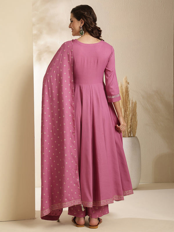 Maroon Rayon Solid 3/4 Sleeves V-Neck Anarkali Kurta Suit Set