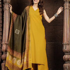Gulmohar Jaipur Rayon Calf Length Solid Sleeveless V-Neck Straight Kurta Suit Set