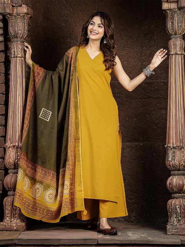 Gulmohar Jaipur Rayon Calf Length Solid Sleeveless V-Neck Straight Kurta Suit Set