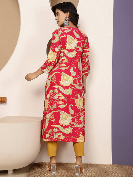 Coral Rayon Calf Length Printed V-Neck Straight Kurta