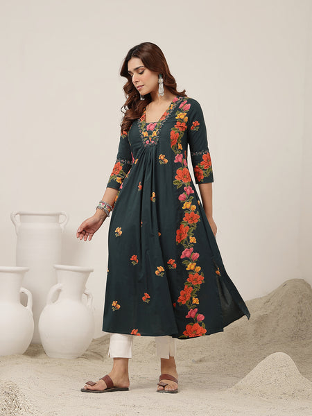 Rayon Calf Length Printed 3/4 Sleeve V-Neck Flared Kurta