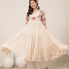 Malmal Calf Length Printed Full Sleeve Key Hole Neck Flared Kurta Suit Set