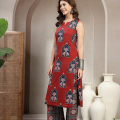 Cotton Calf Length Printed Sleeveless Round Neck Straight Kurta Suit Set