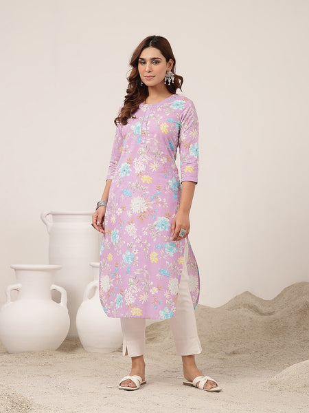Cotton Calf Length Printed 3/4 Sleeve Round Neck Straight Kurta