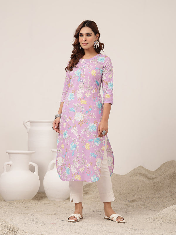Cotton Calf Length Printed 3/4 Sleeve Round Neck Straight Kurta