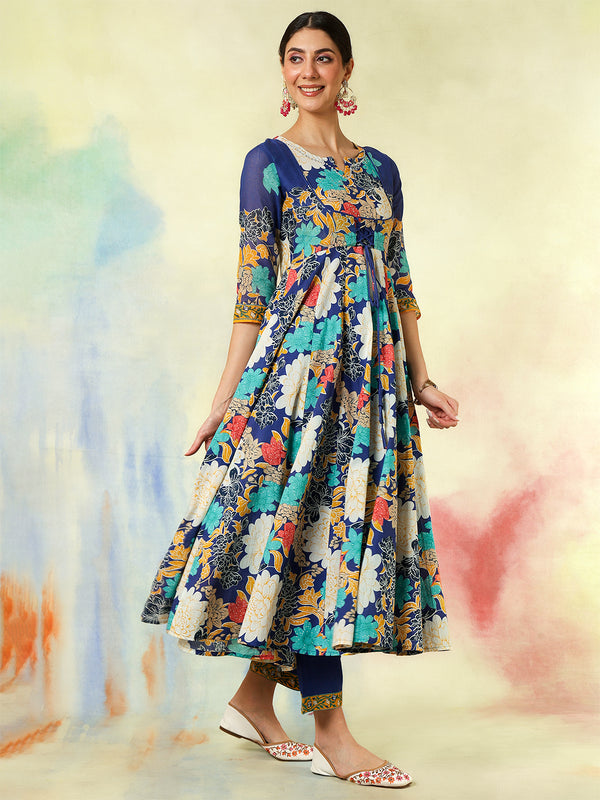 Blue Pure Cotton Printed Hand-Work Anarkali Kurta Suit Set