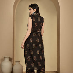Gulmohar Jaipur Cotton Calf Length Printed Sleeveless Collard Straight Kurta Suit Set