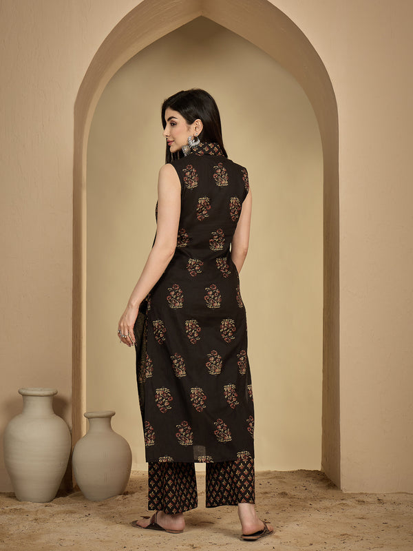 Gulmohar Jaipur Cotton Calf Length Printed Sleeveless Collard Straight Kurta Suit Set