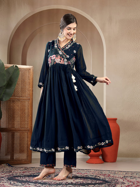 Gulmohar Jaipur Cotton Calf Length Solid Full Sleeves Anrakha Neck Flared Kurta Suit Set