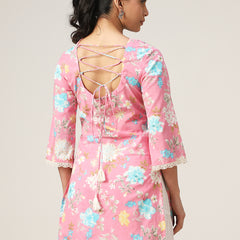 Cotton Hip Length Printed 3/4 Sleeve V-Neck Straight Top