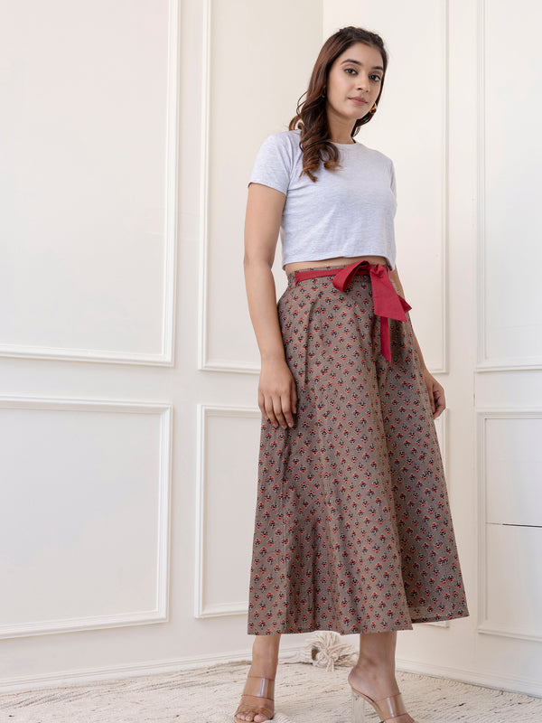 Grey Cotton Calf Length Printed Flared Palazzo