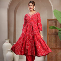 Cotton Calf Length Printed 3/4 Sleeve V-Neck Flared Kurta Suit Set