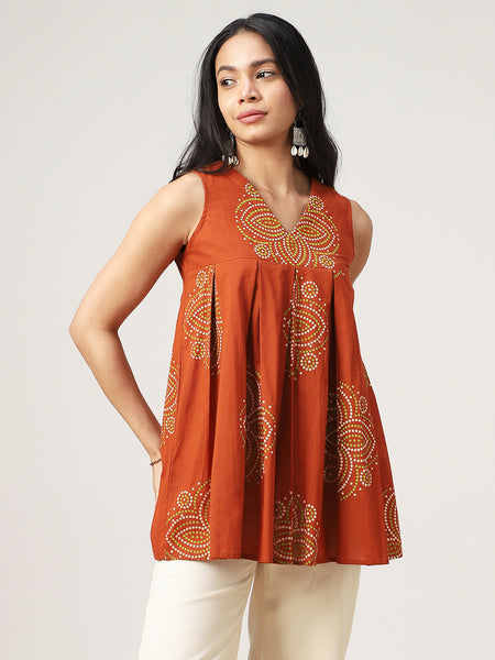 Cotton Hip Length Printed Sleeveless V-Neck Flared Top
