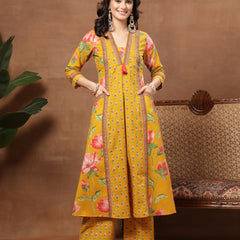 Cotton Calf Length Printed 3/4 Sleeves V-Neck Flared Kurta Suit Set