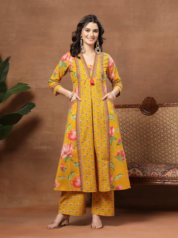 Cotton Calf Length Printed 3/4 Sleeves V-Neck Flared Kurta Suit Set