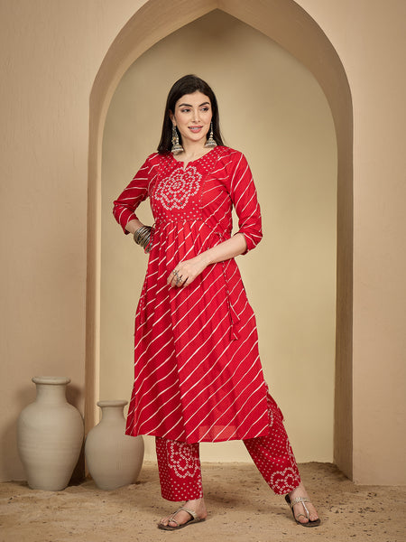 Gulmohar Jaipur Cotton Calf Length Printed 3/4 Sleeves Round Neck Flared Kurta Suit Set