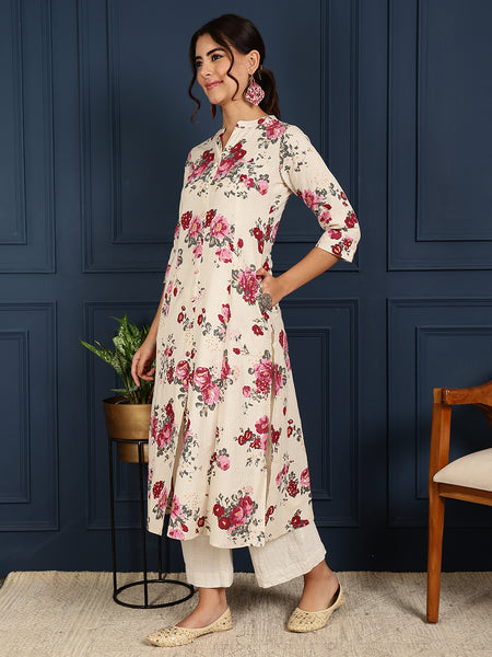 Pink Cotton Flex Calf Length Printed Mandarin  A-Line Coller Kurta