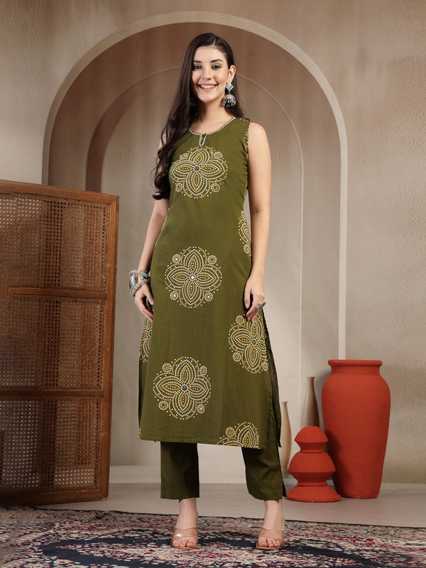 Gulmohar Jaipur Cotton Calf Length Printed Sleeveless Round Neck Straight Kurta Suit Set