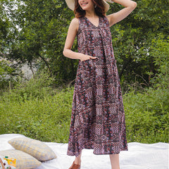 Gulmohar Jaipur Rayon Calf Length Printed Sleeveless V-Neck Flared Dress