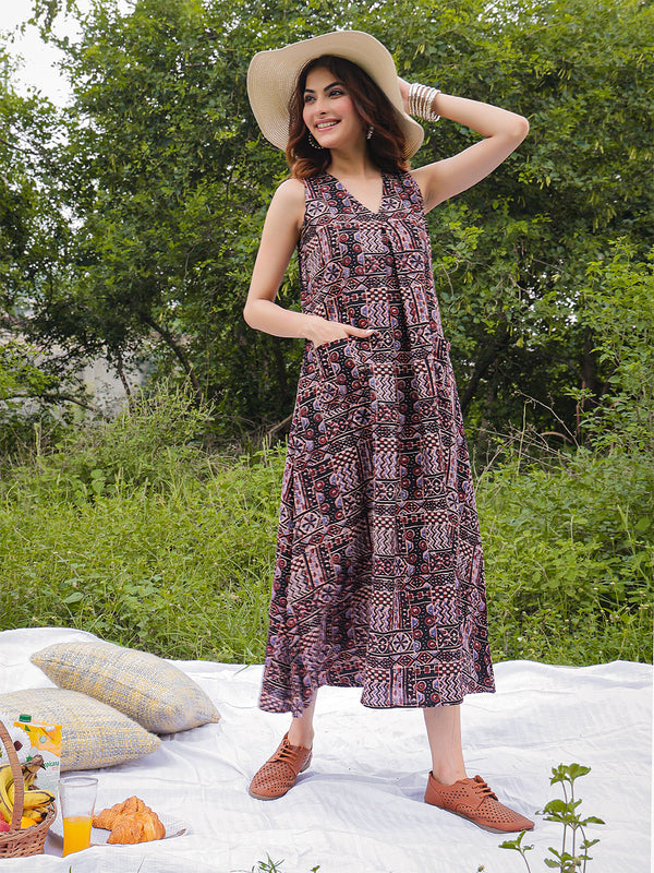 Gulmohar Jaipur Rayon Calf Length Printed Sleeveless V-Neck Flared Dress