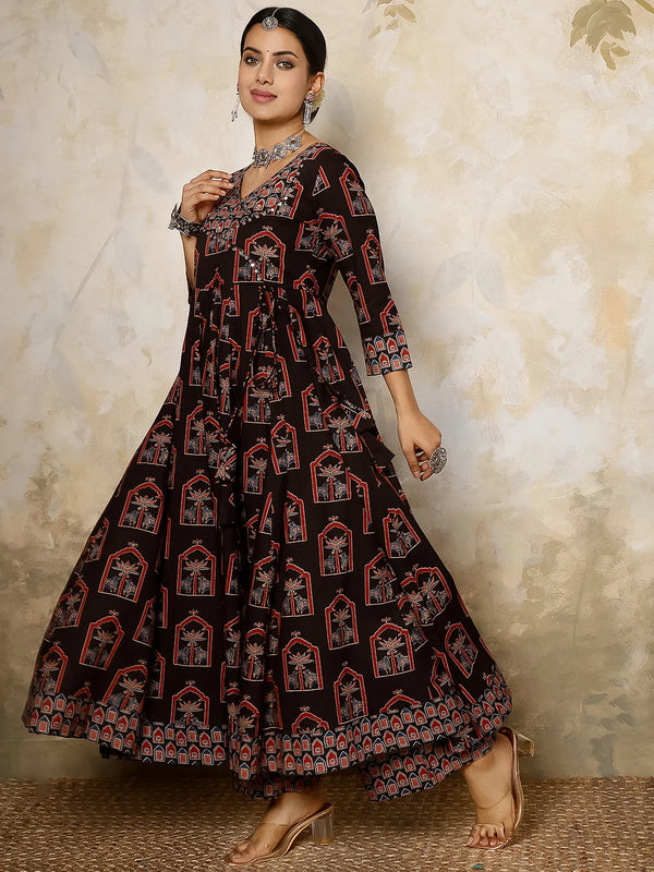 Cotton Calf Length Printed V-Neck Anarkali Kurta Suit Set
