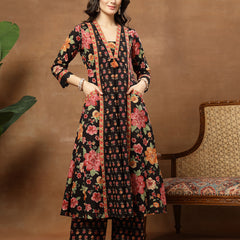 Cotton Calf Length Printed 3/4 Sleeves V-Neck Flared Kurta Suit Set