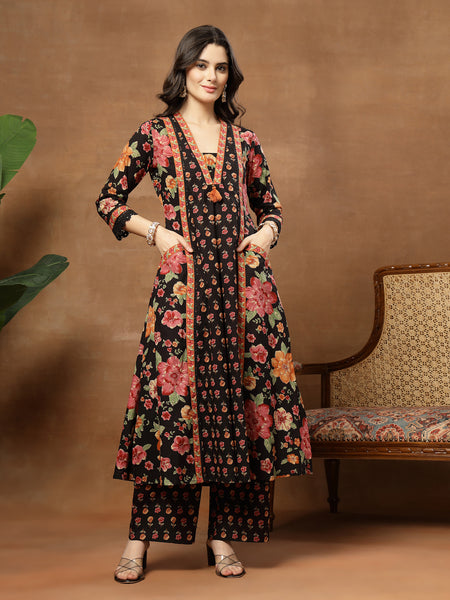 Cotton Calf Length Printed 3/4 Sleeves V-Neck Flared Kurta Suit Set