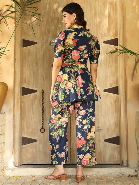 Blue Cotton Hip Length Printed Shirt Collar Flared Top Palazzo Set