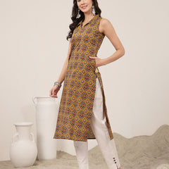 Rayon Calf Length Printed Sleeveless Shirt Collar Straight Kurta