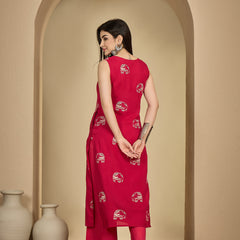 Gulmohar Jaipur Rayon Calf Length Printed Sleeveless V-Neck Straight Kurta Suit Set