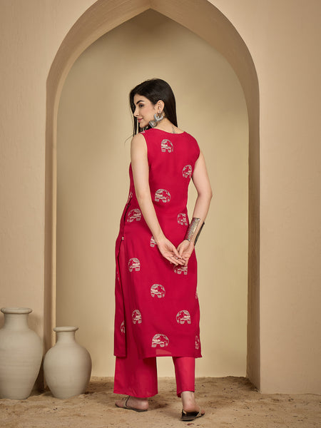 Gulmohar Jaipur Rayon Calf Length Printed Sleeveless V-Neck Straight Kurta Suit Set