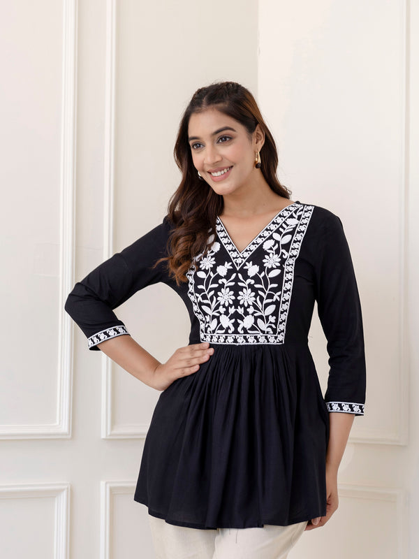 Black Rayon Hip Length Solid V-Neck Solid Embroidered Semi-Flared Top