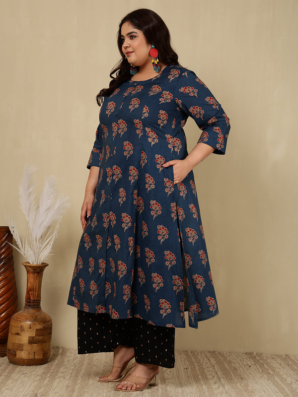 Cotton Calf Length Printed Straight 3/4 Sleeves Round Kurta Suit Set (Plus+)