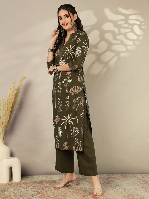 Rayon Calf Length Printed Straight 3/4 Sleeves Mandarin Neck Kurta Bottom Set