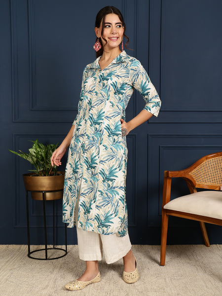 Green Cotton Flex Calf Length Printed Shirt Coller Straight Kurta