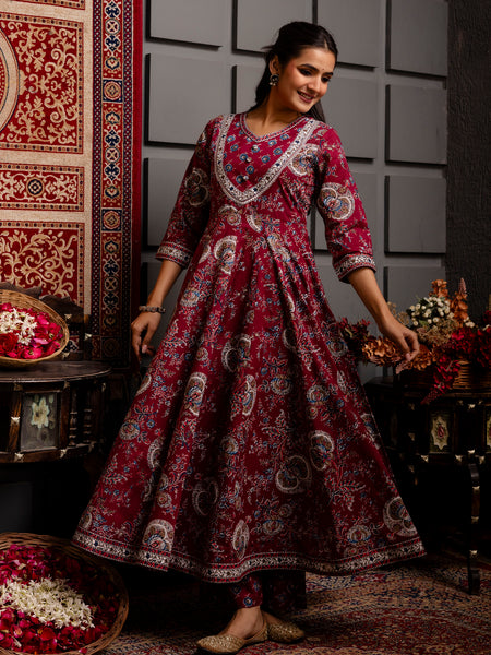 Wine Cotton Calf Length Printed Flared V-Neck Kurta Suit Set