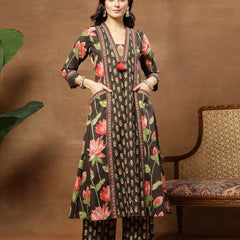 Cotton Calf Length Printed 3/4 Sleeves V-Neck Flared Kurta Suit Set
