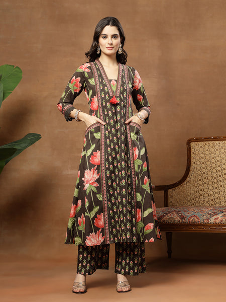 Cotton Calf Length Printed 3/4 Sleeves V-Neck Flared Kurta Suit Set