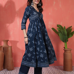 Navy Rayon Calf Length Printed 3/4 Sleeves V-Neck Semi-Flared Kurta Suit Set