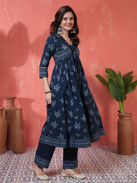 Navy Rayon Calf Length Printed 3/4 Sleeves V-Neck Semi-Flared Kurta Suit Set