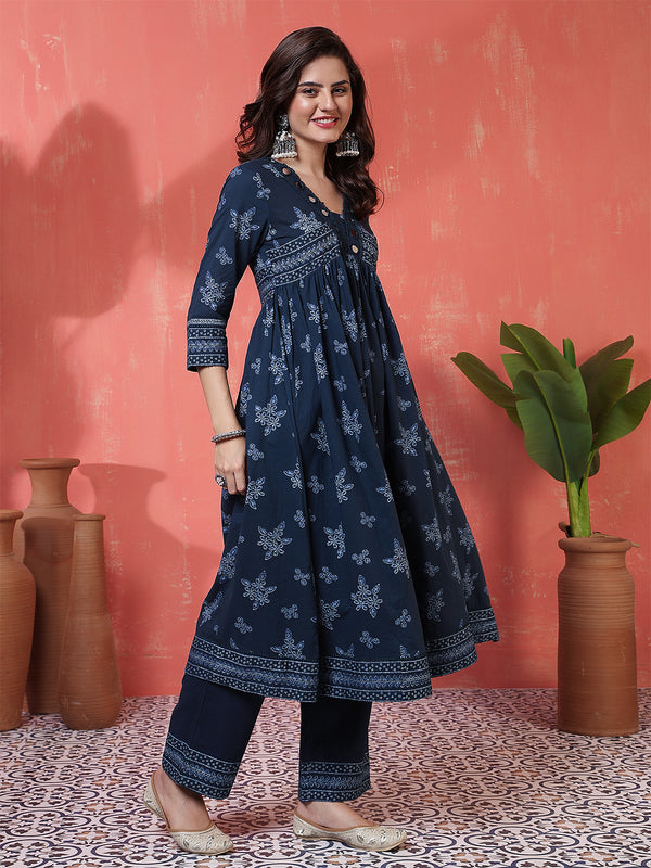 Navy Rayon Calf Length Printed 3/4 Sleeves V-Neck Semi-Flared Kurta Suit Set
