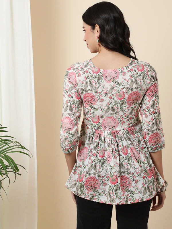 Cotton Short Length Length Printed Flared 3/4 Sleeves Square Top